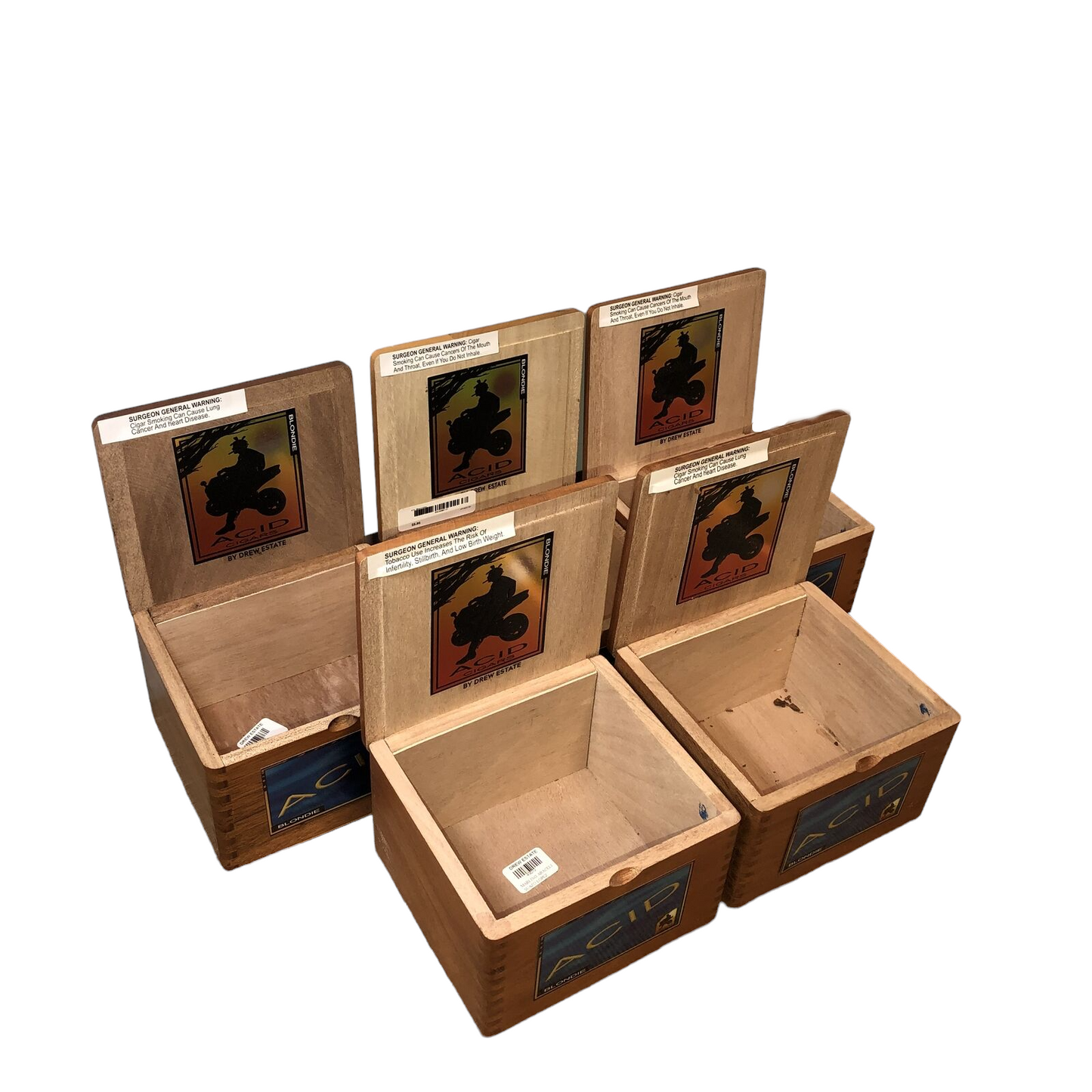Lot of 5 Drew Estate Acid Blondie Empty Wooden Cigar Boxes 6.5x6x4.5 #84