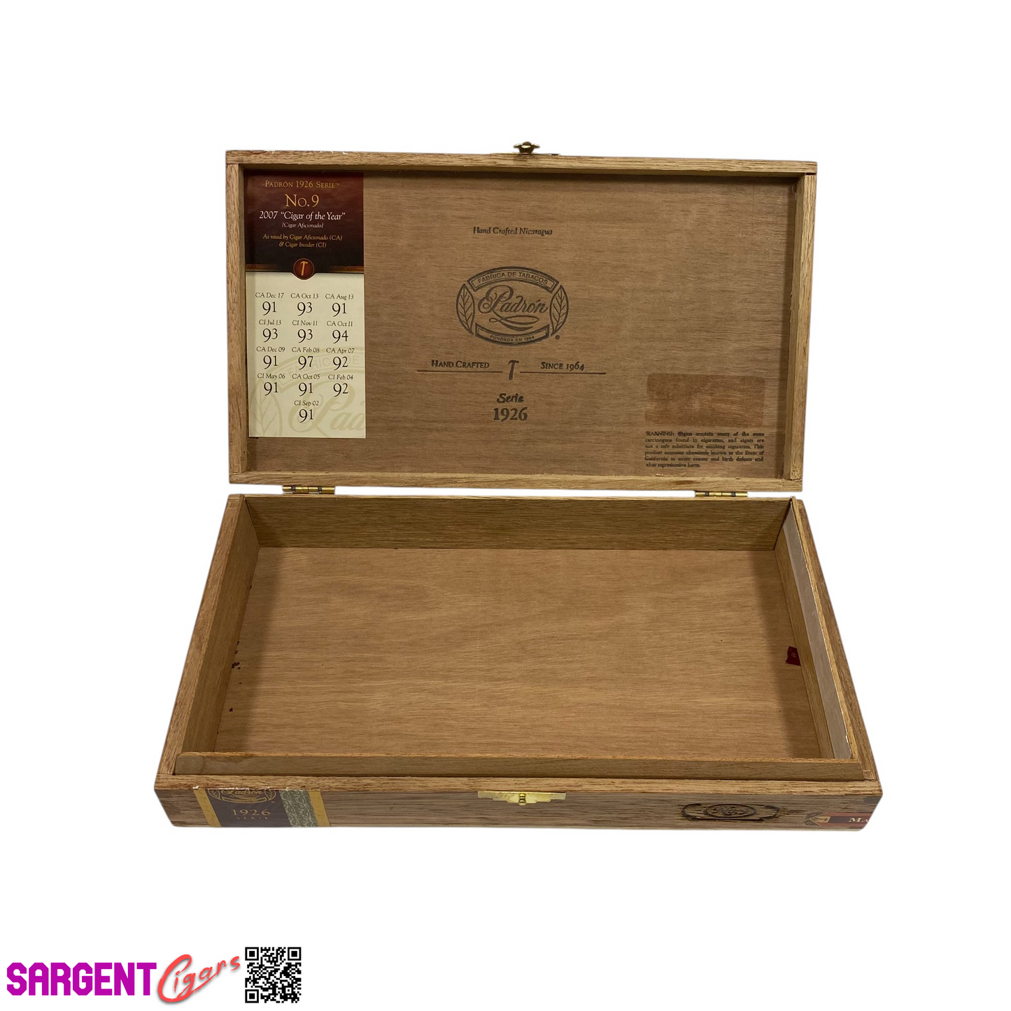 Padron 1926 No9 Empty Wooden Cigar Box 11x6.25x2