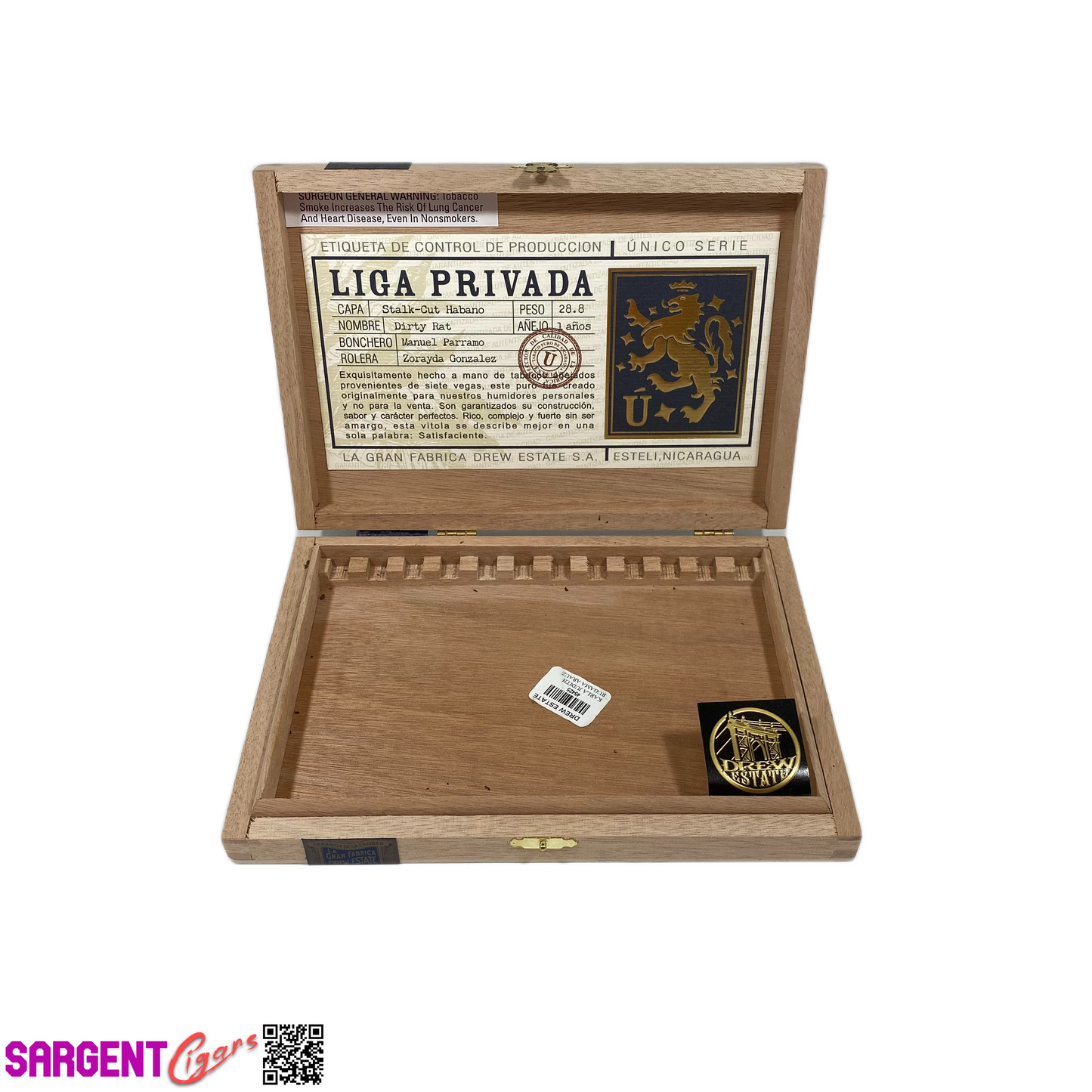 Liga Privada Unico Dirty Rat Empty Wooden Cigar Box 9.25x6.5x1.5
