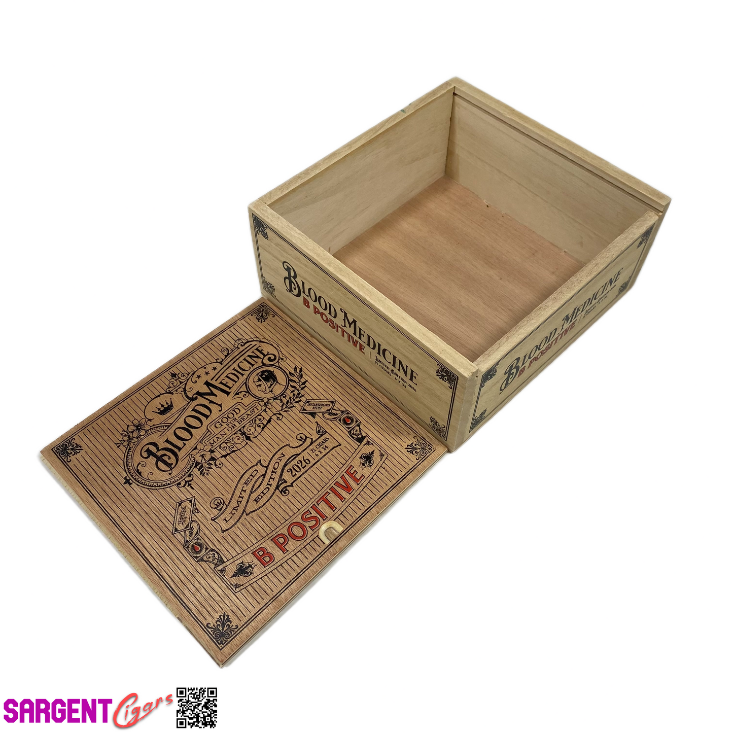 Crowned Heads Blood Medicine B Positive 2026 Empty Wooden Cigar Box 7x6.5x3