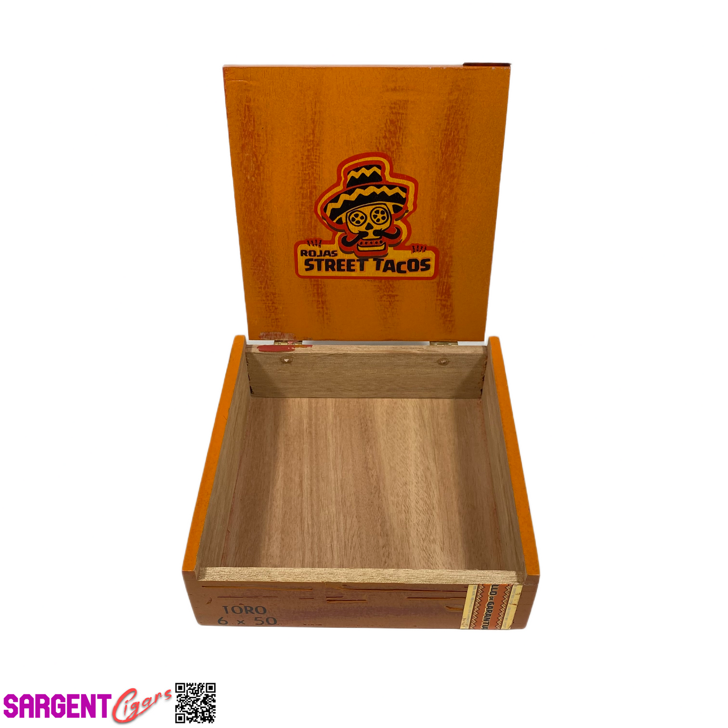 Rojas Orange Street Tacos Toro Empty Wooden Cigar Box 7x7x2 (1)