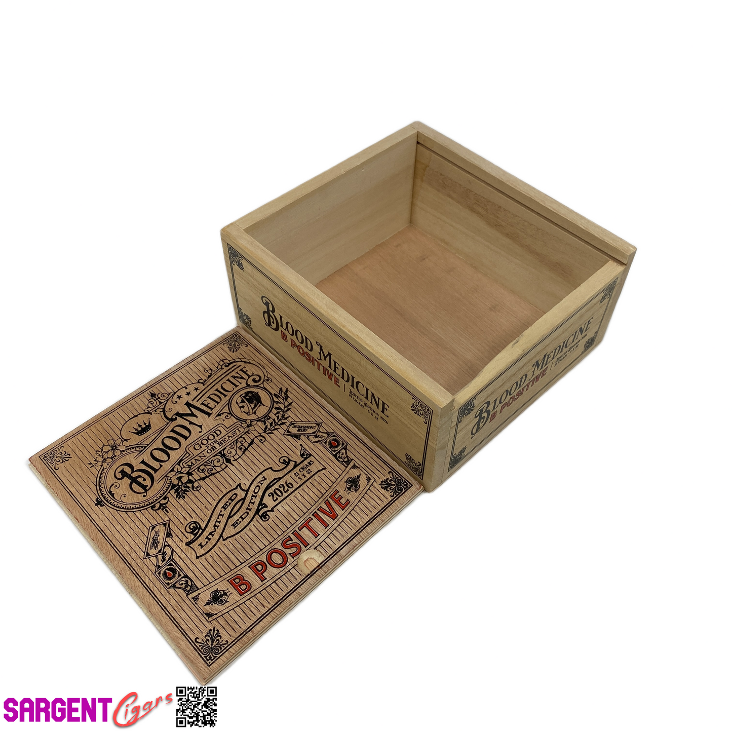 Crowned Heads Blood Medicine B Positive 52 2026 Empty Wooden Cigar Box 6x6.5x3