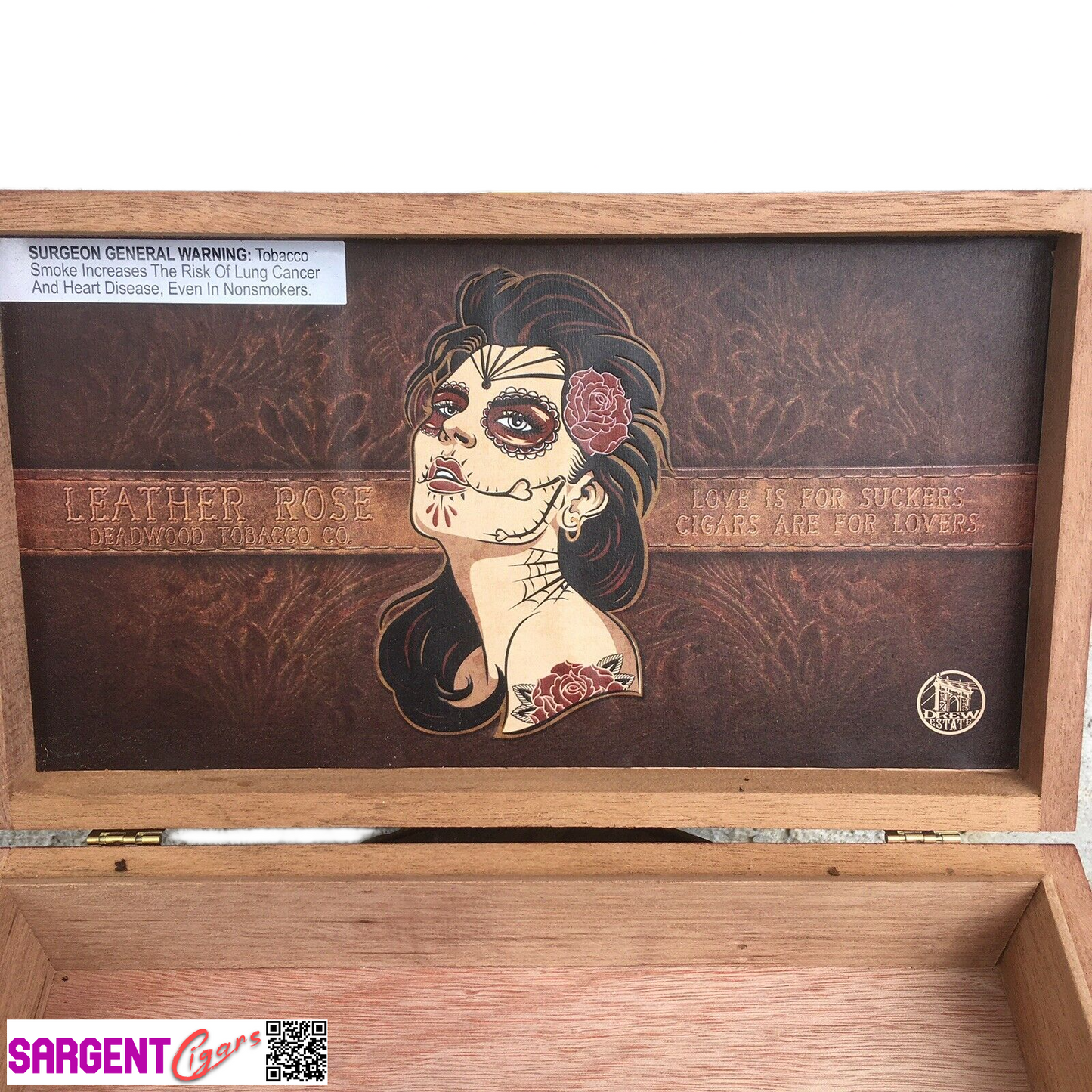 Deadwood Leather Rose Empty Wooden Cigar Box 11x6x2.5