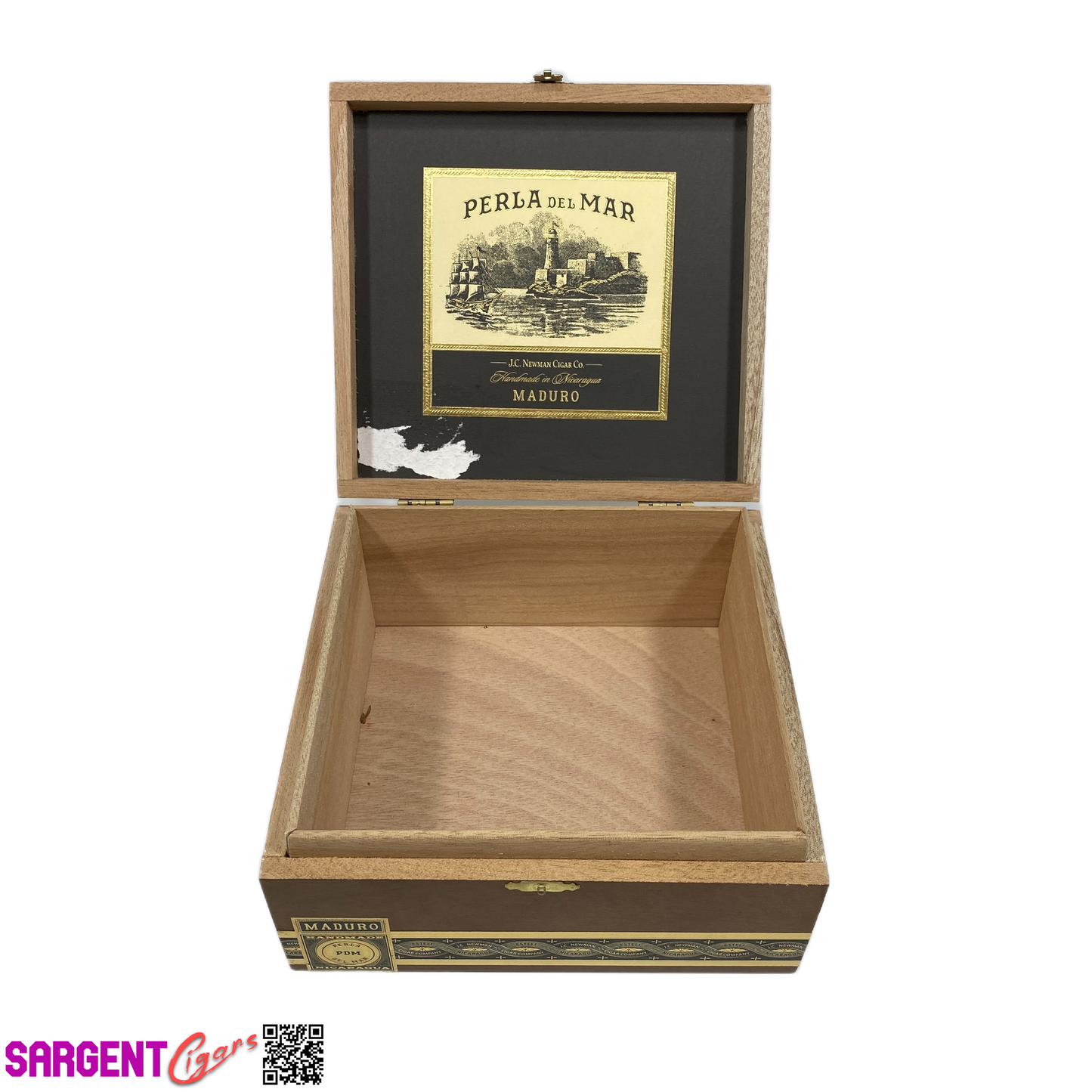 Perla Del Mar Maduro Double Toro Empty Wooden Cigar Box 7.5x7.25x3.5