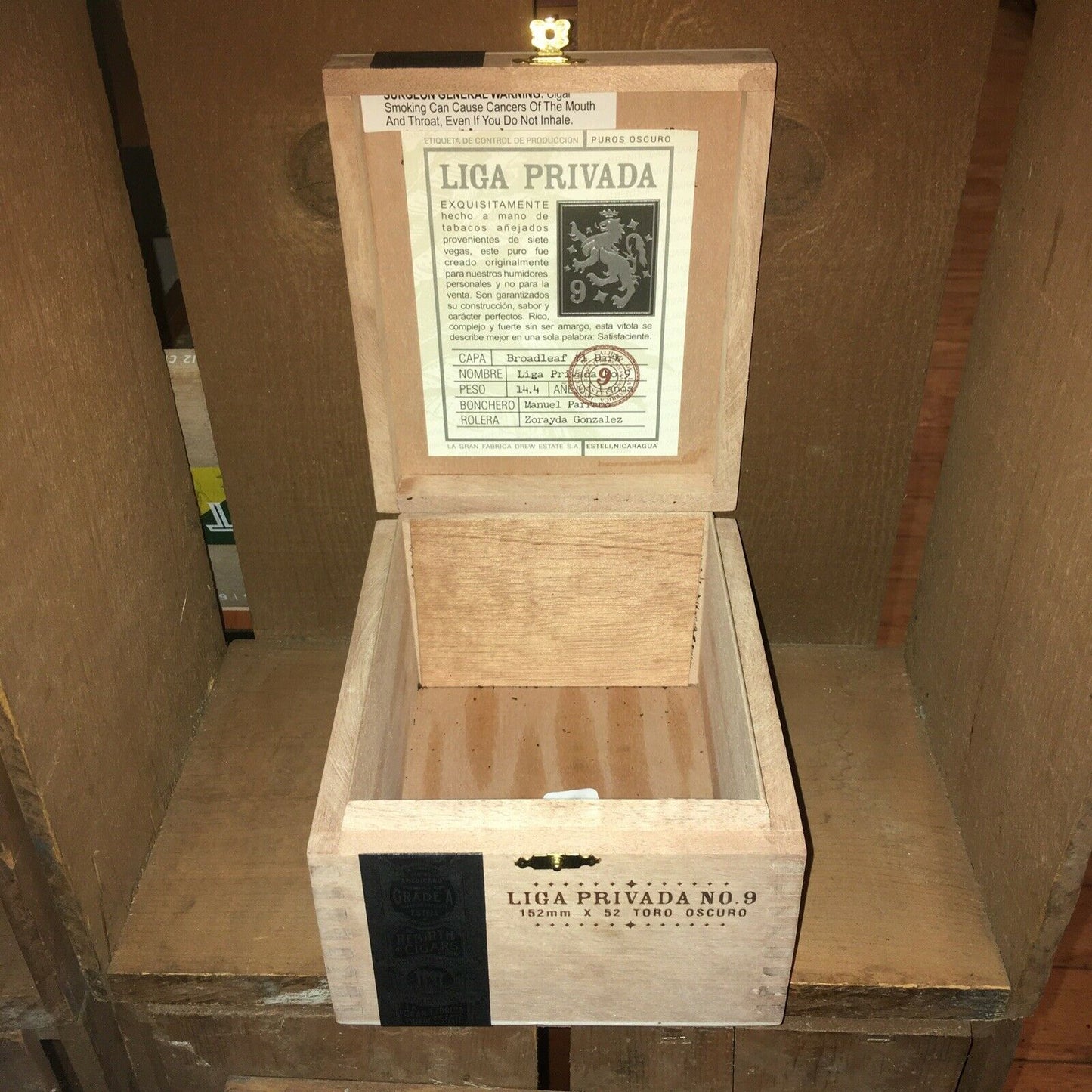 Liga Privada No9 Corona Viva Empty Wooden Cigar Box 5.5x7x4