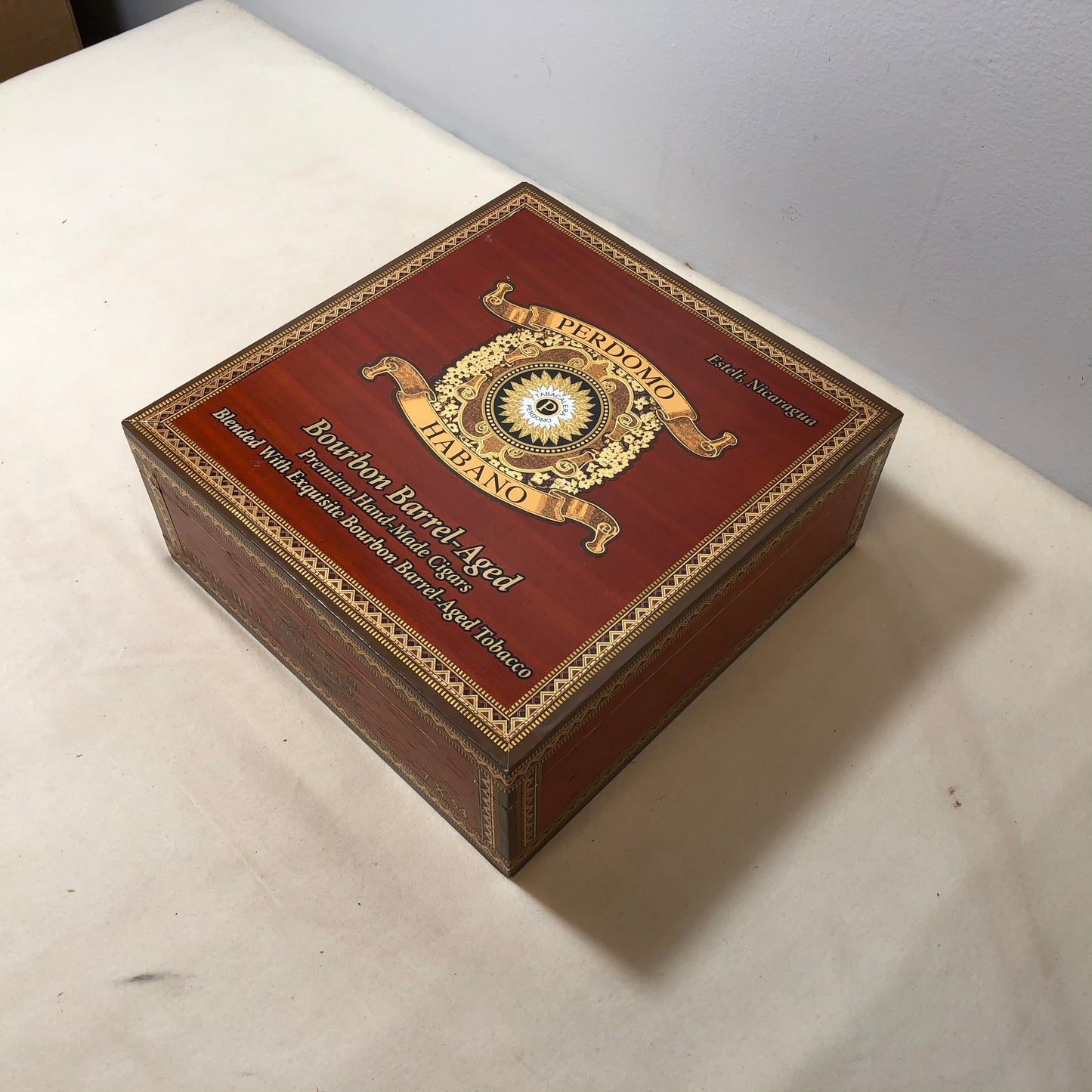 Perdomo Bourbon Barrel Aged Conn Churchill Empty Wooden Cigar Box 7.75x8x3