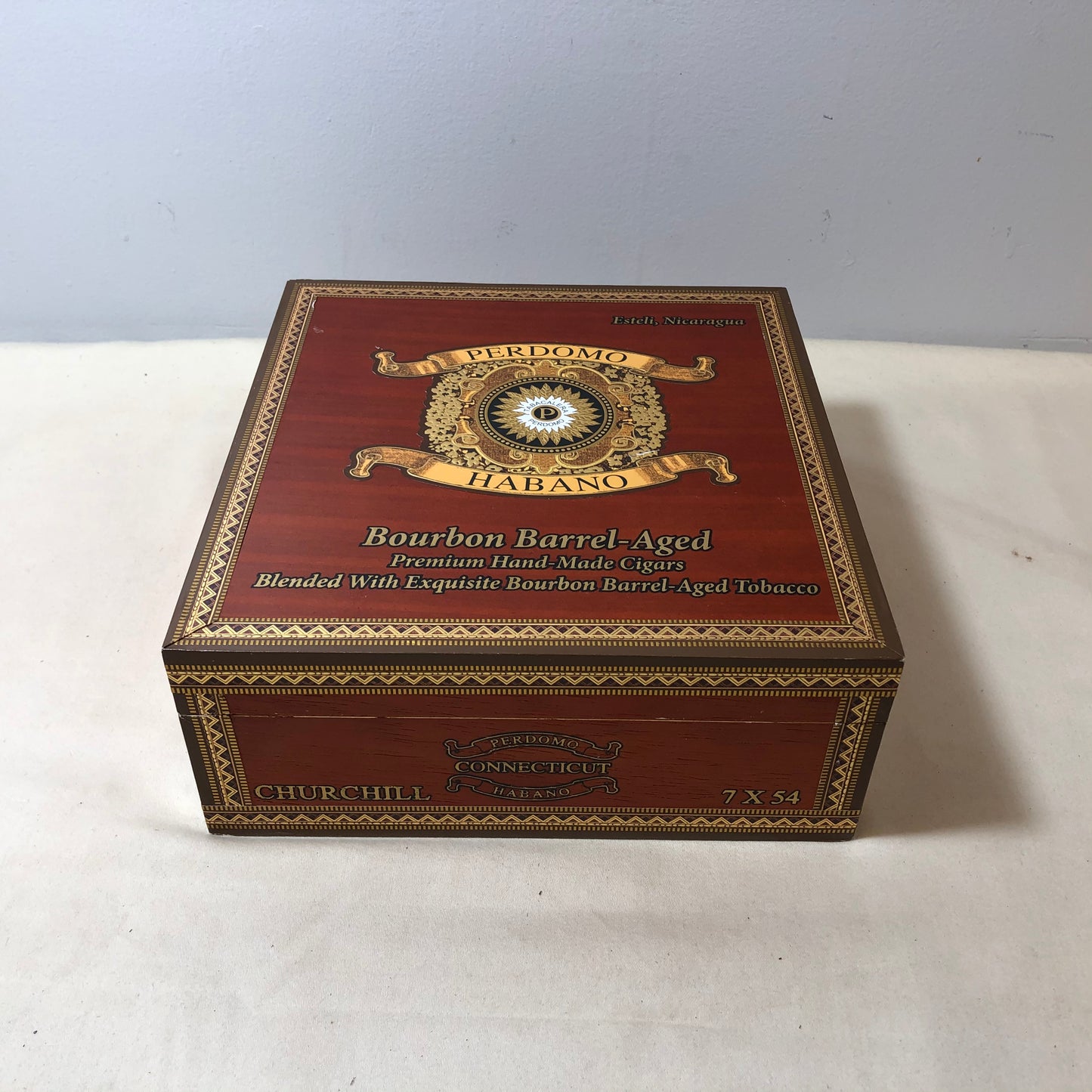 Perdomo Bourbon Barrel Aged Conn Churchill Empty Wooden Cigar Box 7.75x8x3