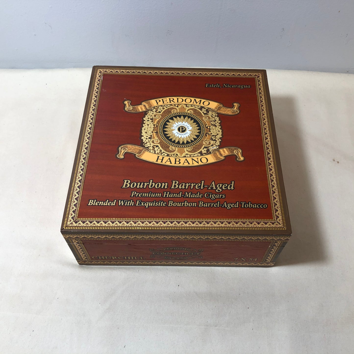 Perdomo Bourbon Barrel Aged Conn Churchill Empty Wooden Cigar Box 7.75x8x3