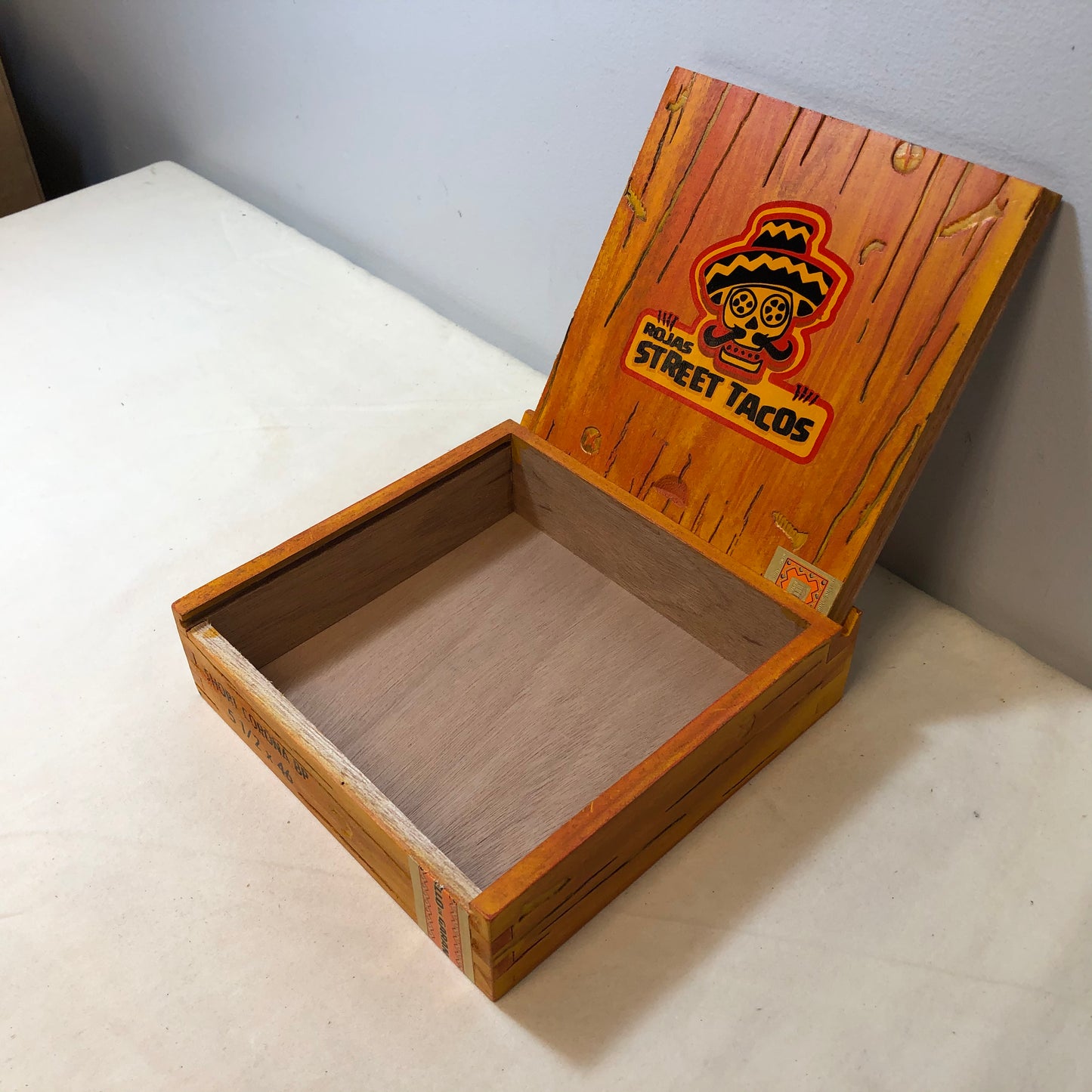 Rojas Orange Street Tacos Robusto Empty Wooden Cigar Box 6.75x6.25x1.75