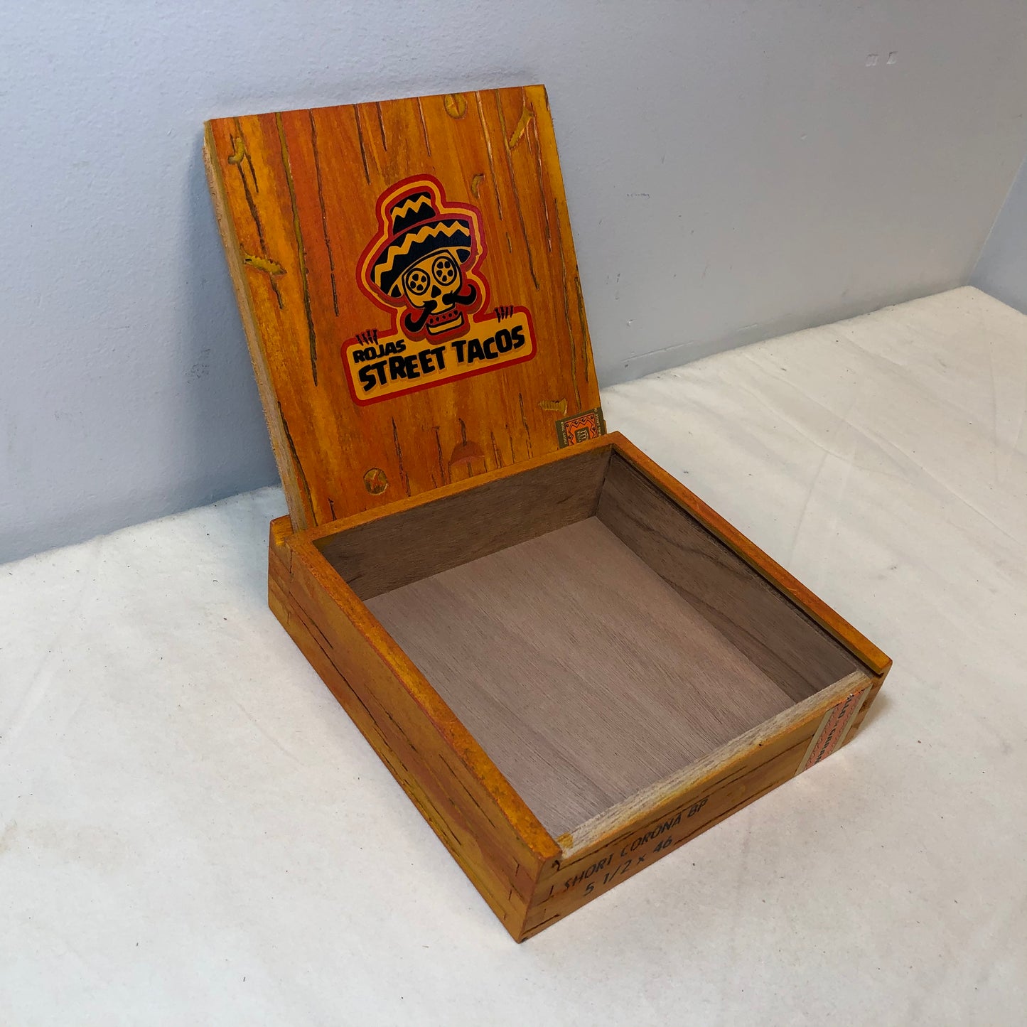 Rojas Orange Street Tacos Robusto Empty Wooden Cigar Box 6.75x6.25x1.75