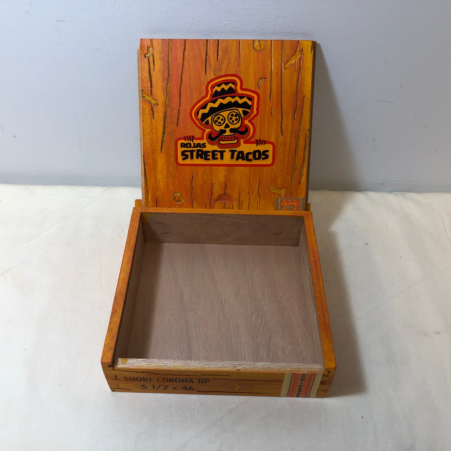 Rojas Orange Street Tacos Robusto Empty Wooden Cigar Box 6.75x6.25x1.75