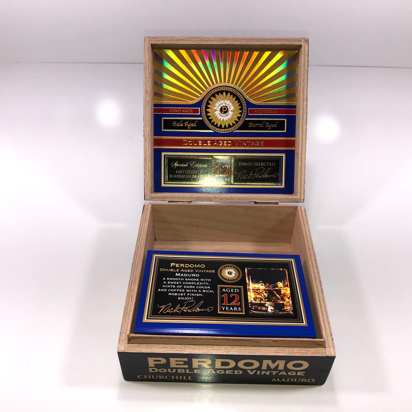 Perdomo Double Aged Vintage Maduro Churchill Empty Wooden Cigar Box 8x8x3.5