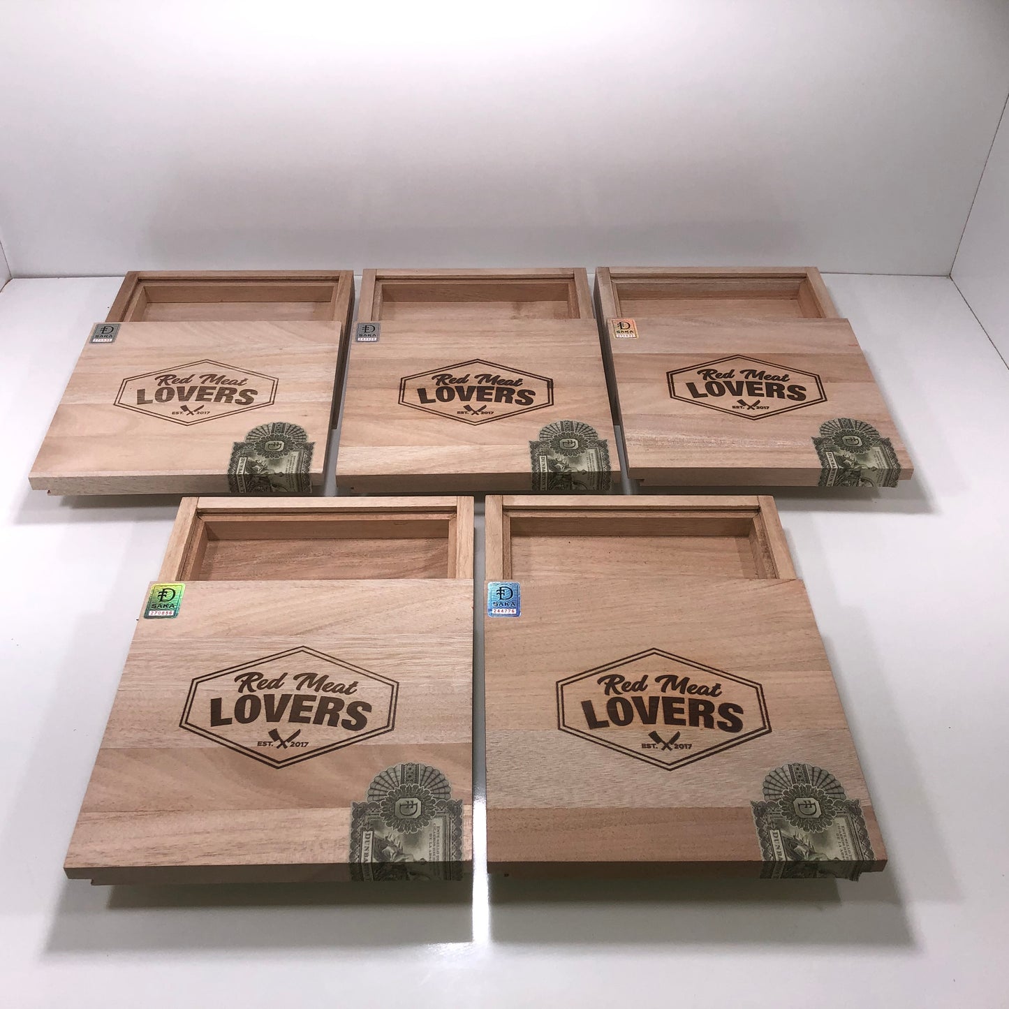 Lot of 5 Red Meat Lovers Beef Stick Empty Wooden Cigar Boxes 9.25x9x2 #83