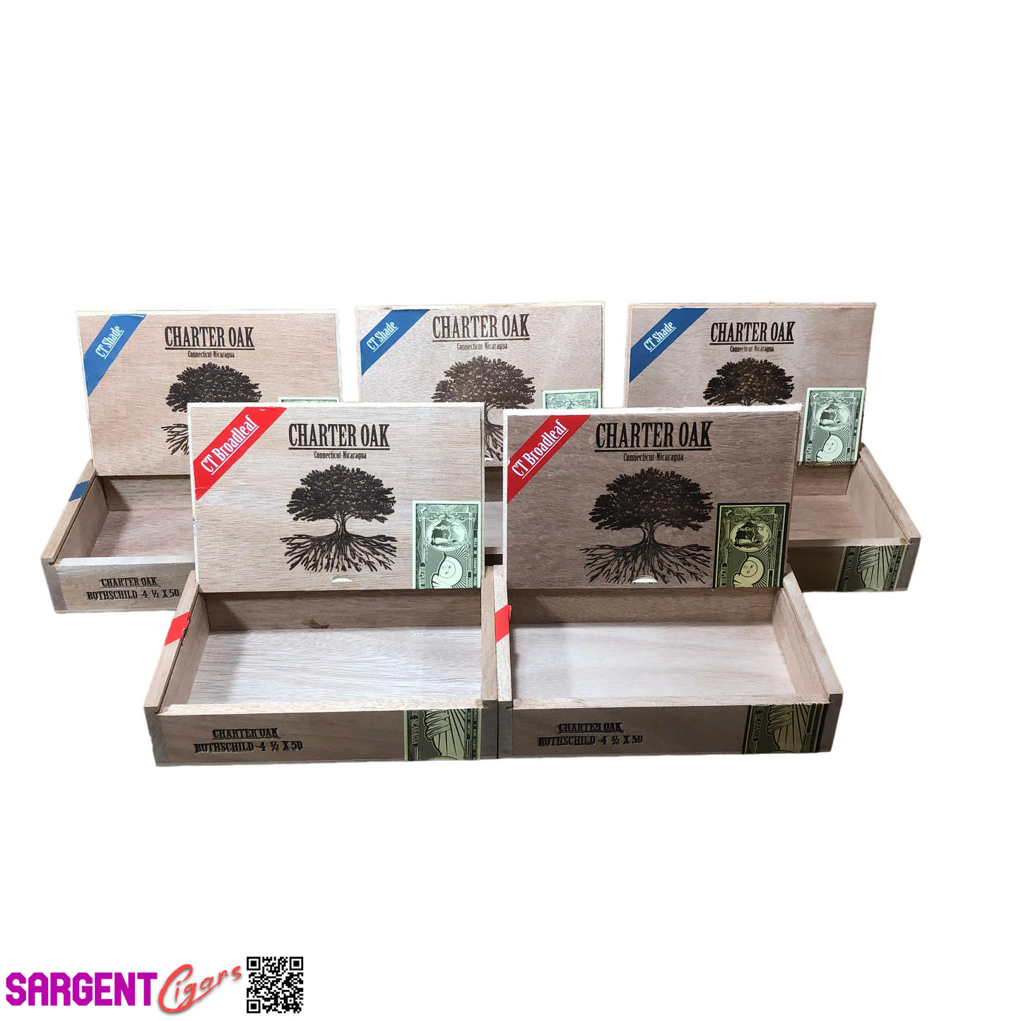 Lot of 5 Charter Oak Rothschild Empty Wooden Cigar Boxes 8.25x5.25x2 #82