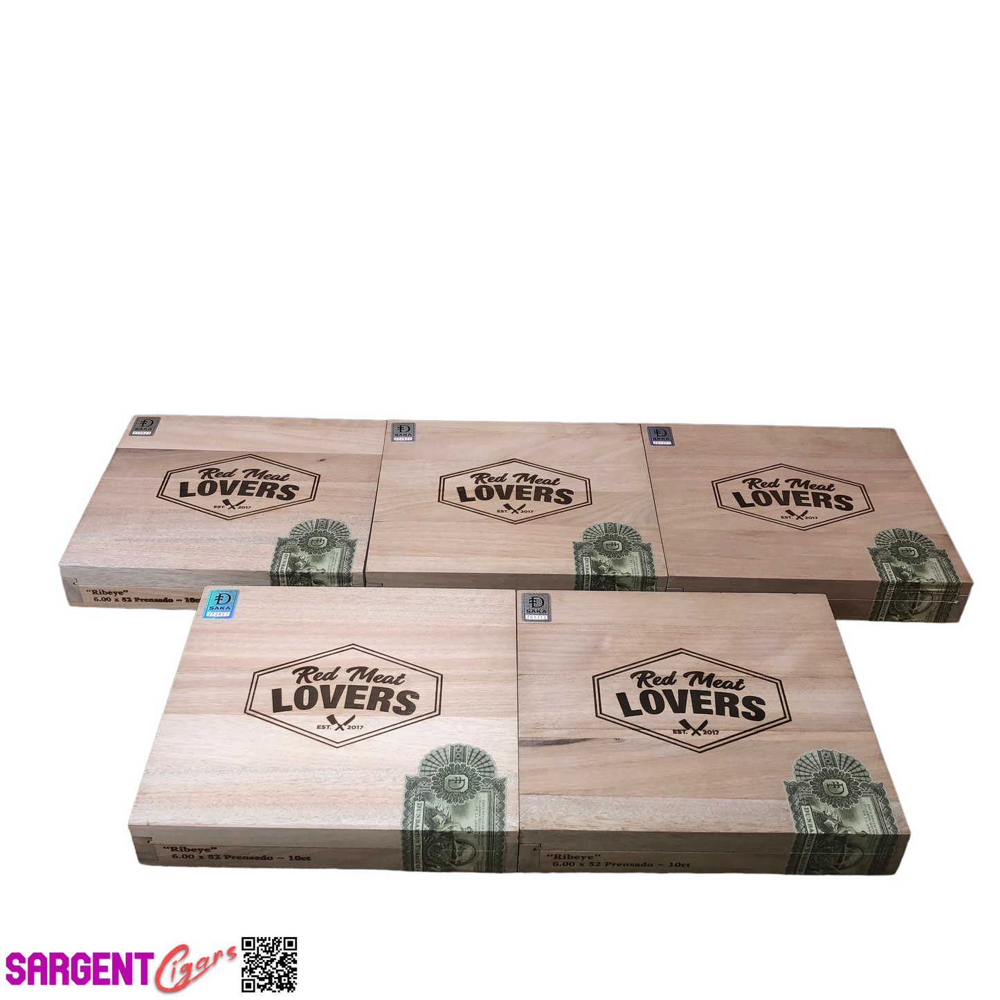 Lot of 5 Red Meat Lover's Ribeye Empty Wooden Cigar Boxes 9.5x9x1.75 #101