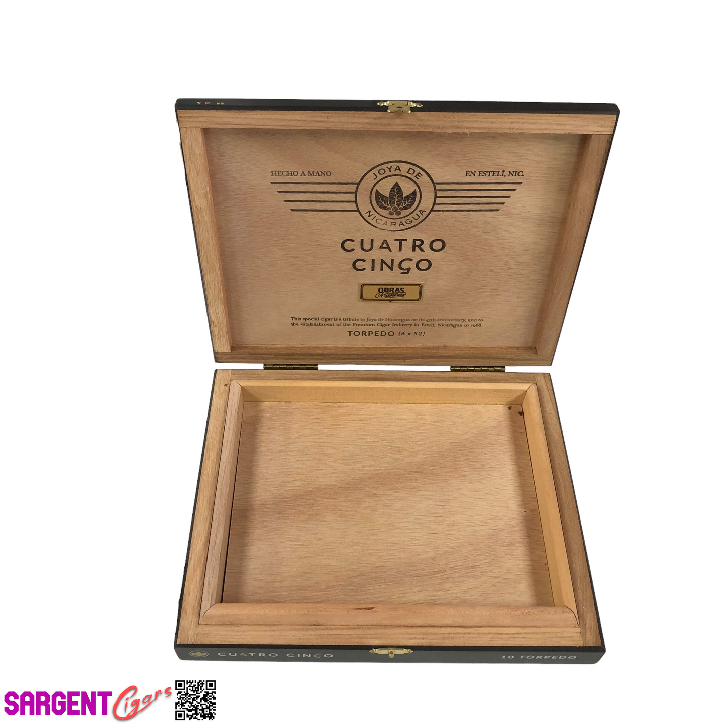 Joya De Nicaragua Cuatro Cinco Torpedo Empty Wooden Cigar Box 9.75x8x1.5