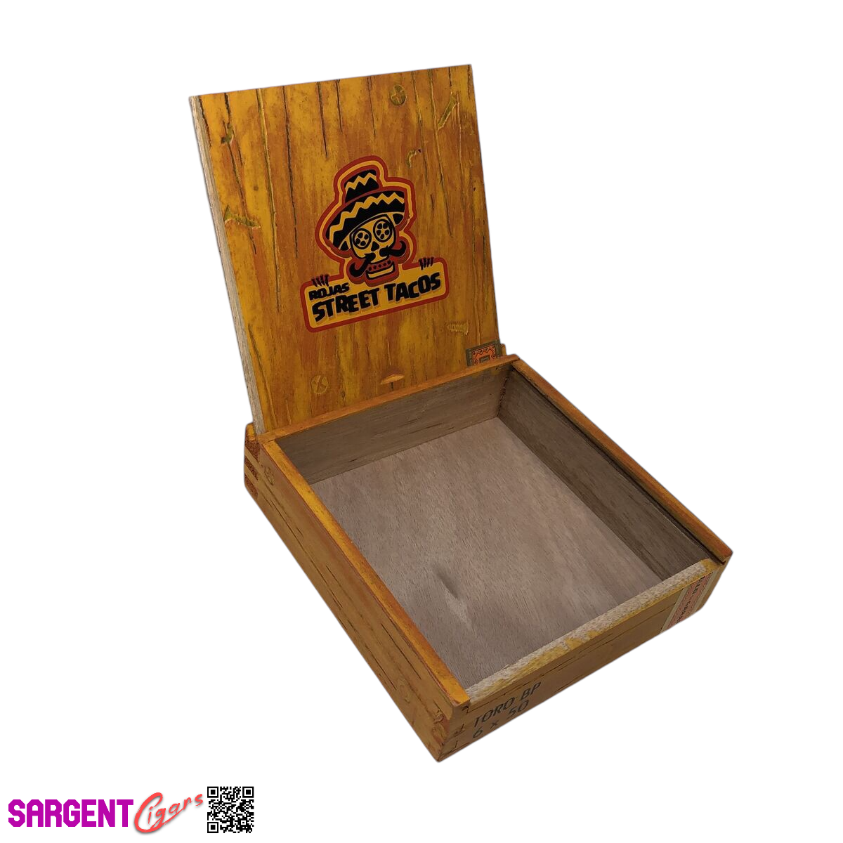 Rojas Orange Street Tacos Toro Empty Wooden Cigar Box 7x7.25x2