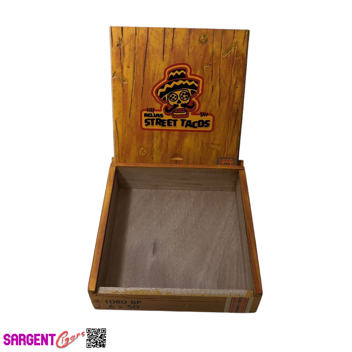 Rojas Orange Street Tacos Toro Empty Wooden Cigar Box 7x7.25x2