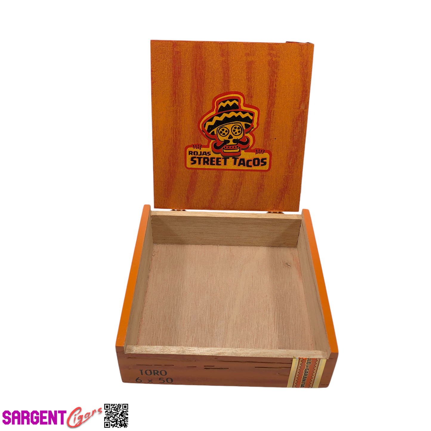 Rojas Orange Street Tacos Toro Empty Wooden Cigar Box 7x6.75x2 (1)