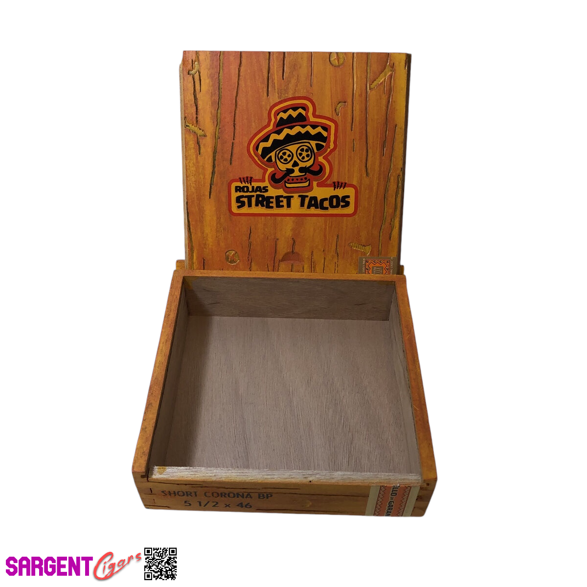 Rojas Orange Street Tacos Corona Empty Wooden Cigar Box 6.5x6.5x2