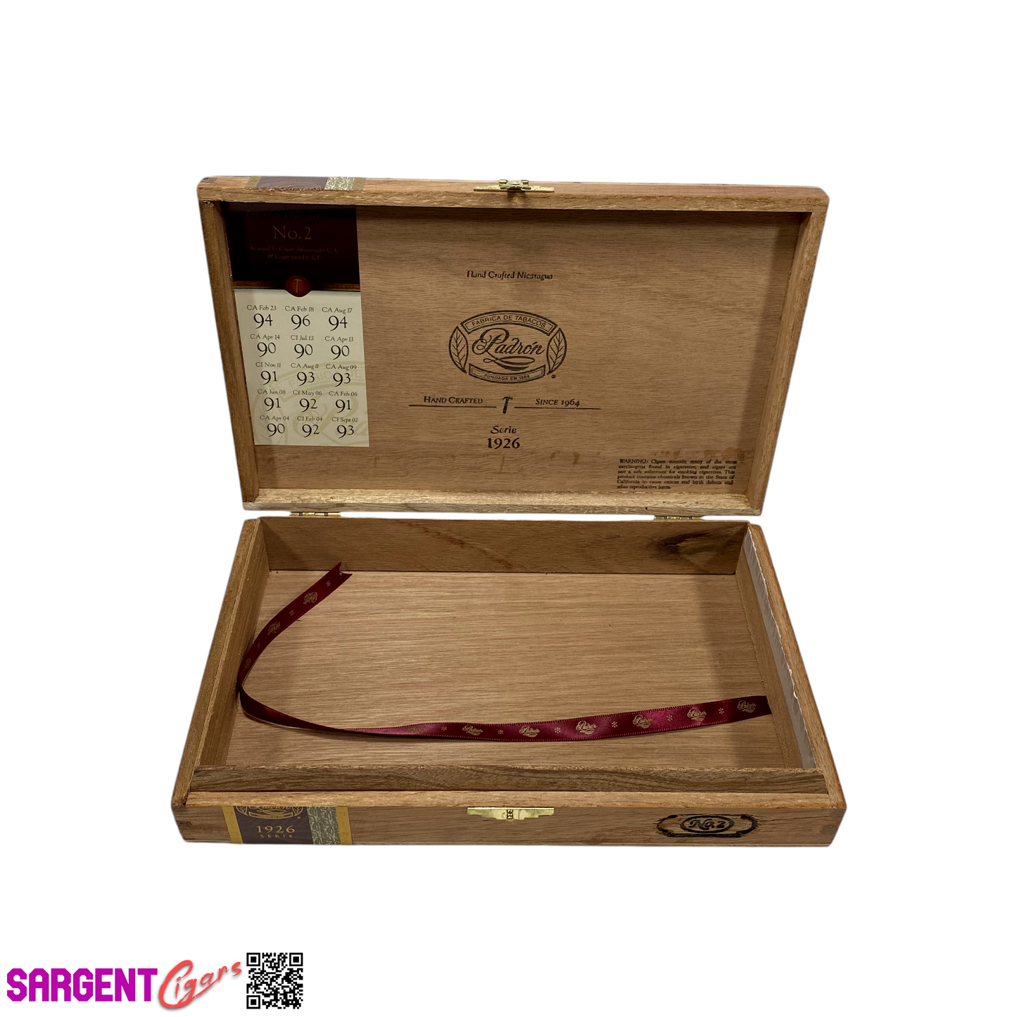 Padron 1926 No2 Empty Wooden Cigar Box 10.25x6.5x1.75