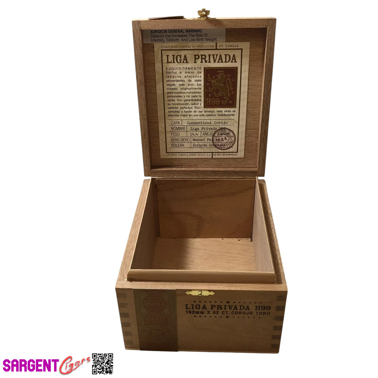 Liga Privada H99 Toro Empty Wooden Cigar Box 6x7.25x4