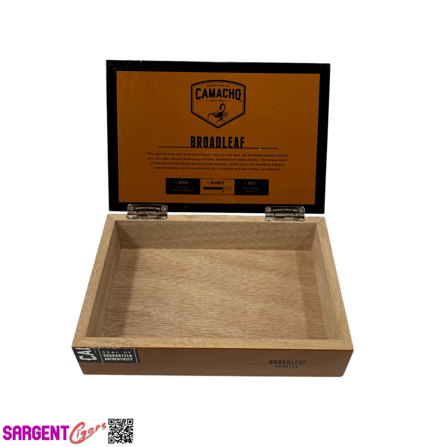 Camacho Broadleaf Robusto Empty Wooden Cigar Box 8.75x6x2.25