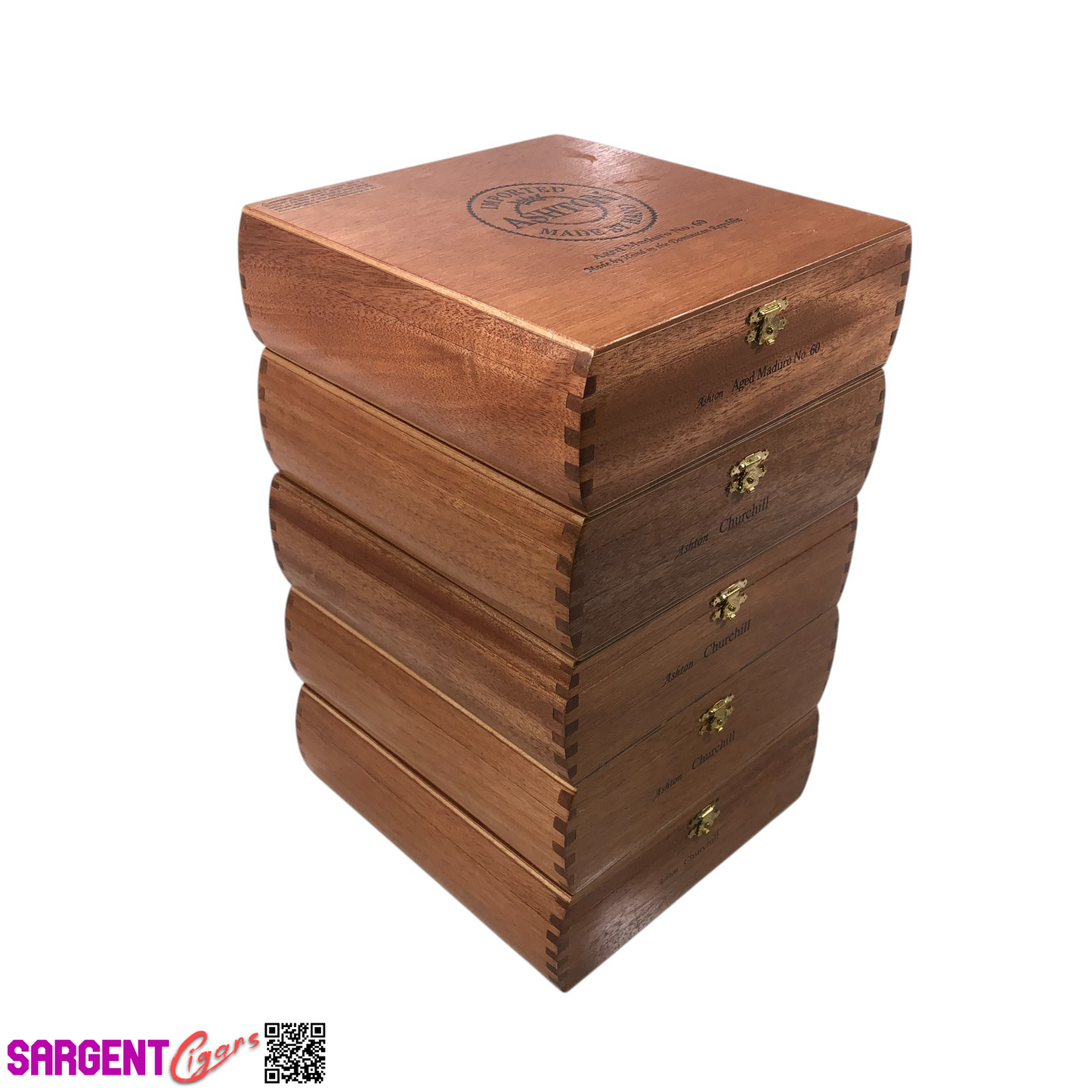 Lot of 5 Ashton Classic Churchill Empty Wooden Cigar Boxes 8x8.25x2.5 #137