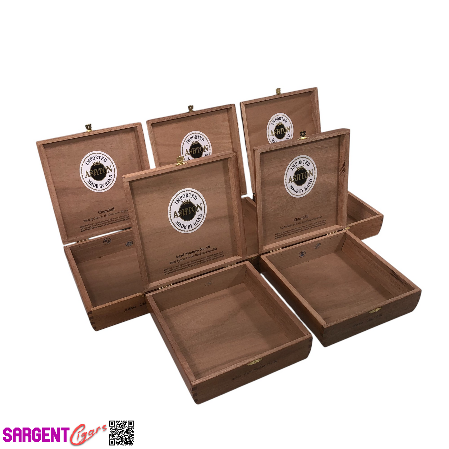 Lot of 5 Ashton Classic Churchill Empty Wooden Cigar Boxes 8x8.25x2.5 #137