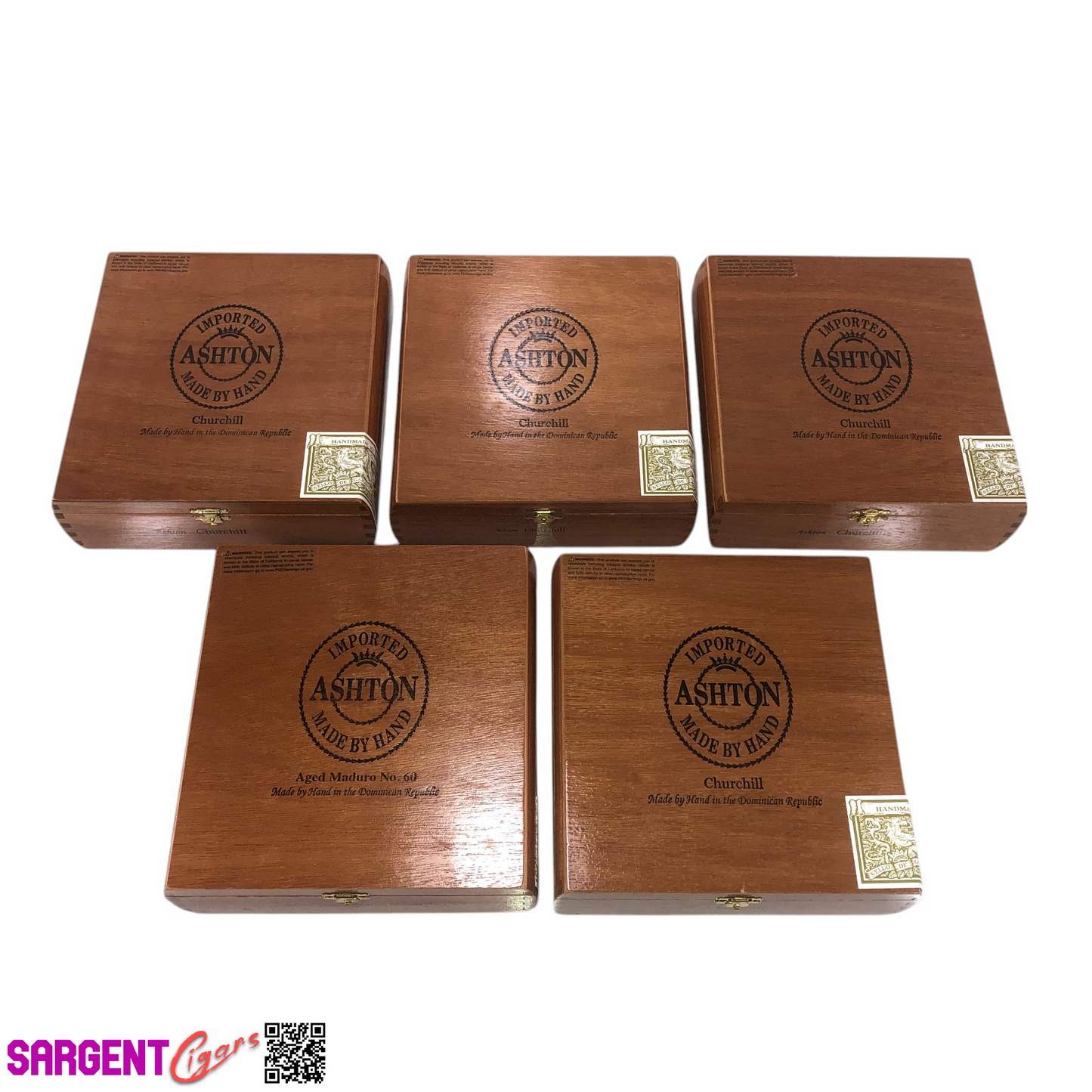 Lot of 5 Ashton Classic Churchill Empty Wooden Cigar Boxes 8x8.25x2.5 #137