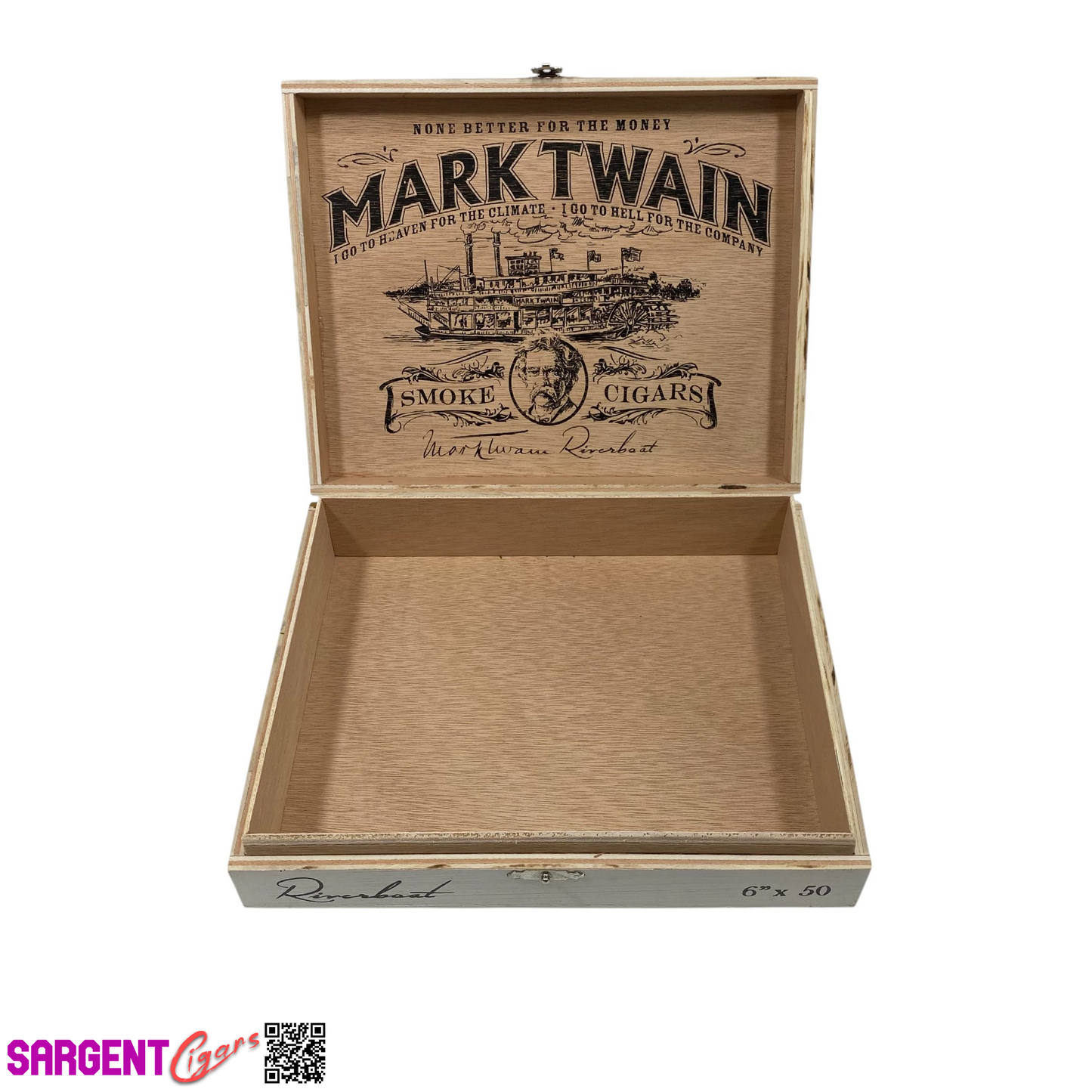 Mark Twain Riverboat Empty Wooden Cigar Box 8.5x6.75x2