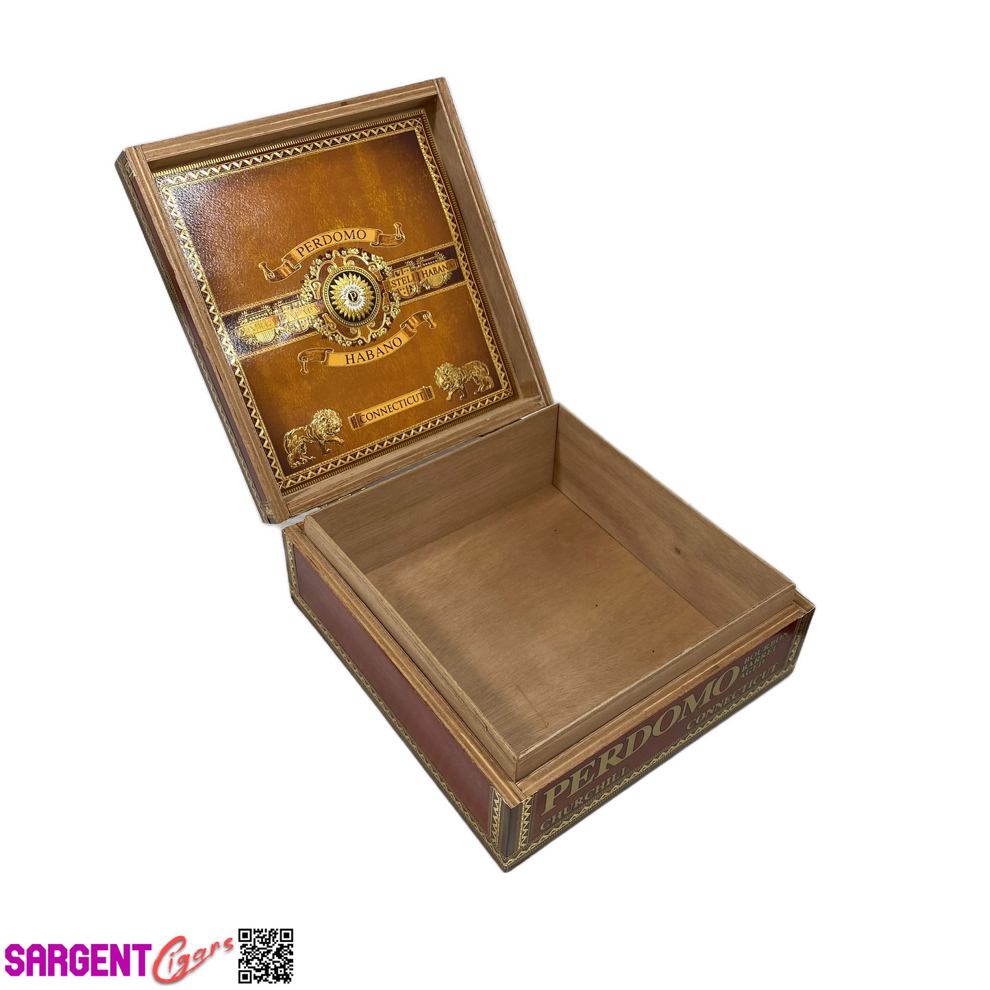 Perdomo Bourbon Barrel Aged Conn Churchill Empty Wooden Cigar Box 7.75x8x3