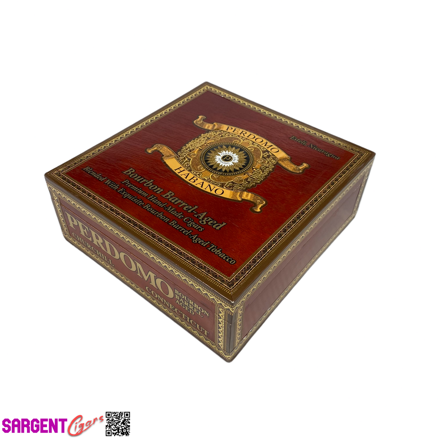 Perdomo Bourbon Barrel Aged Conn Churchill Empty Wooden Cigar Box 7.75x8x3