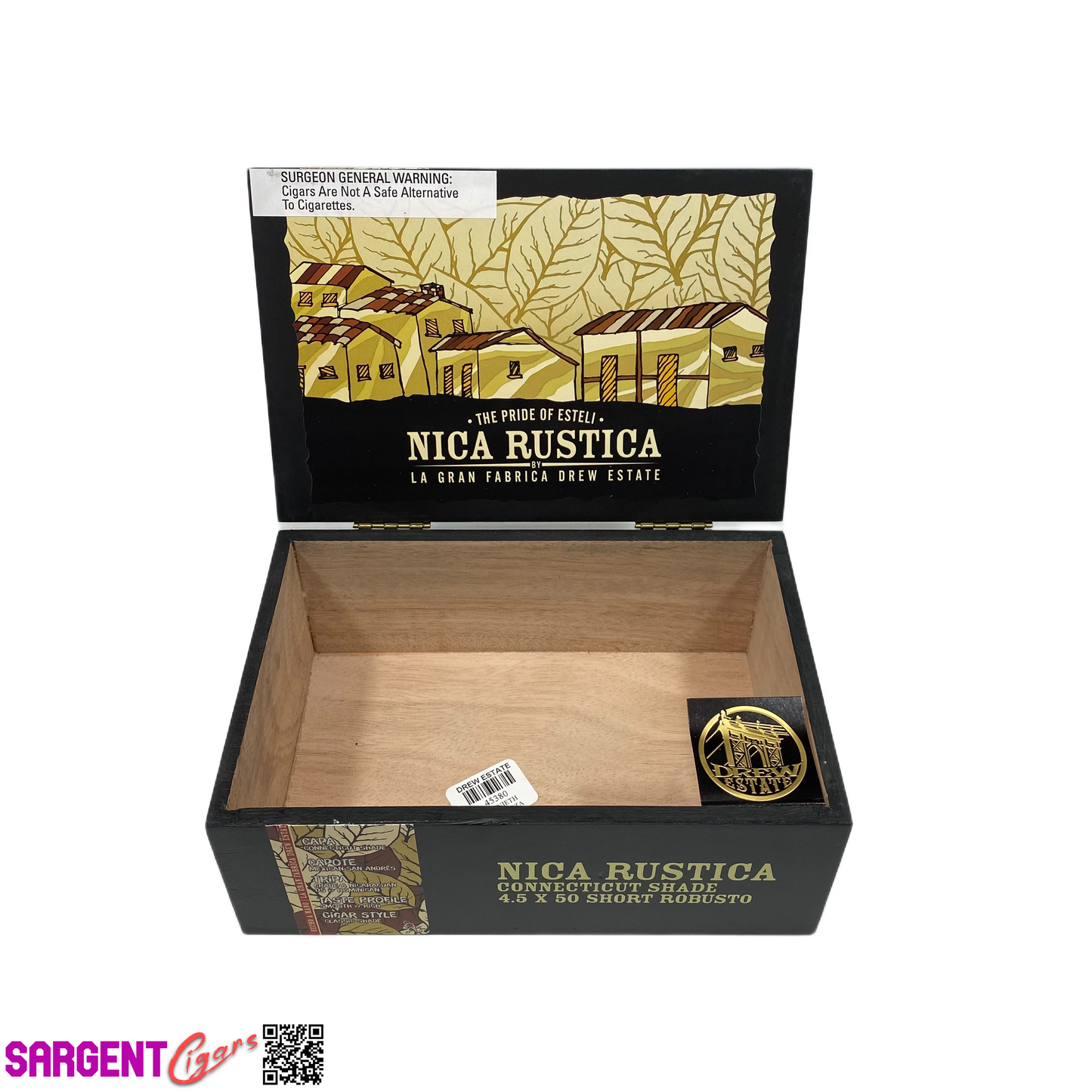 Nica Rustica Connecticut Short Robusto Empty Wooden Cigar Box 7.75x5.25x3