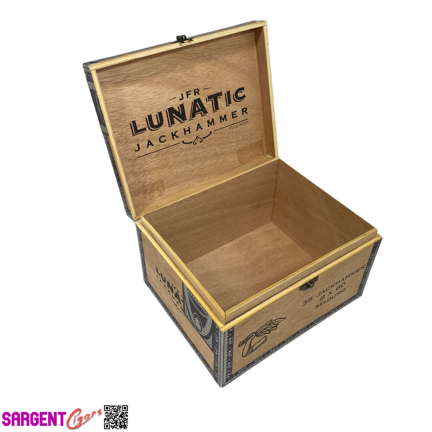 JFR Lunatic Jackhammer Empty Wooden Cigar Box 9x7.25x5