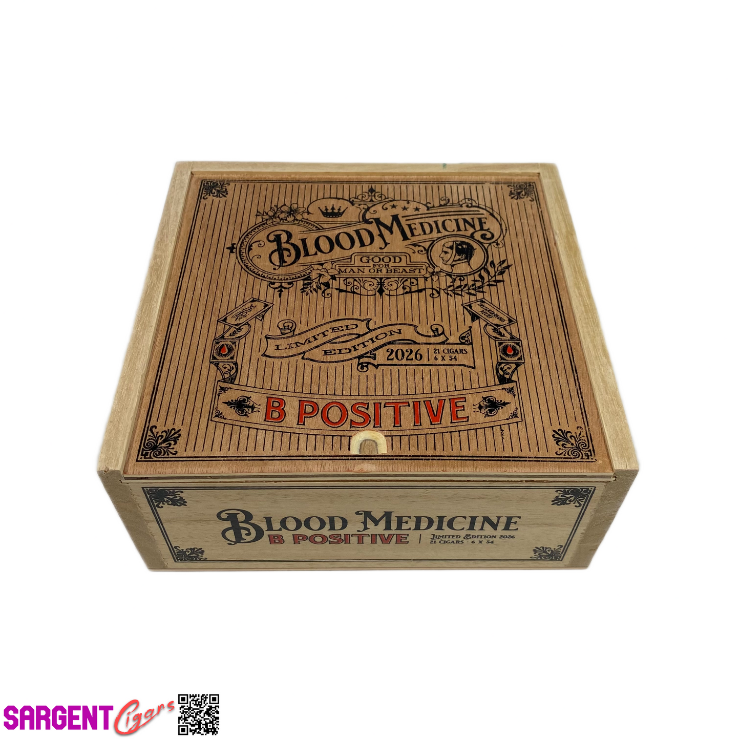 Crowned Heads Blood Medicine B Positive 2026 Empty Wooden Cigar Box 7x6.5x3