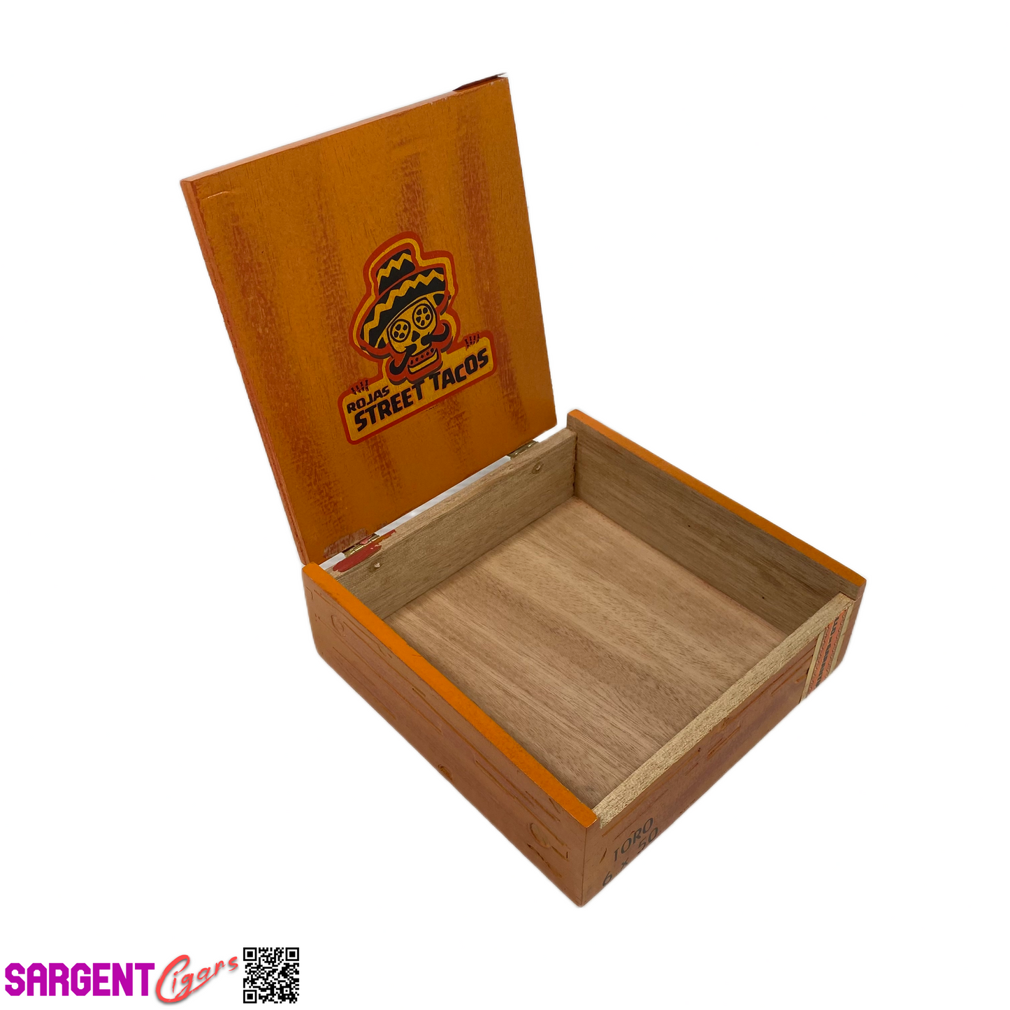 Rojas Orange Street Tacos Toro Empty Wooden Cigar Box 7x7x2 (1)