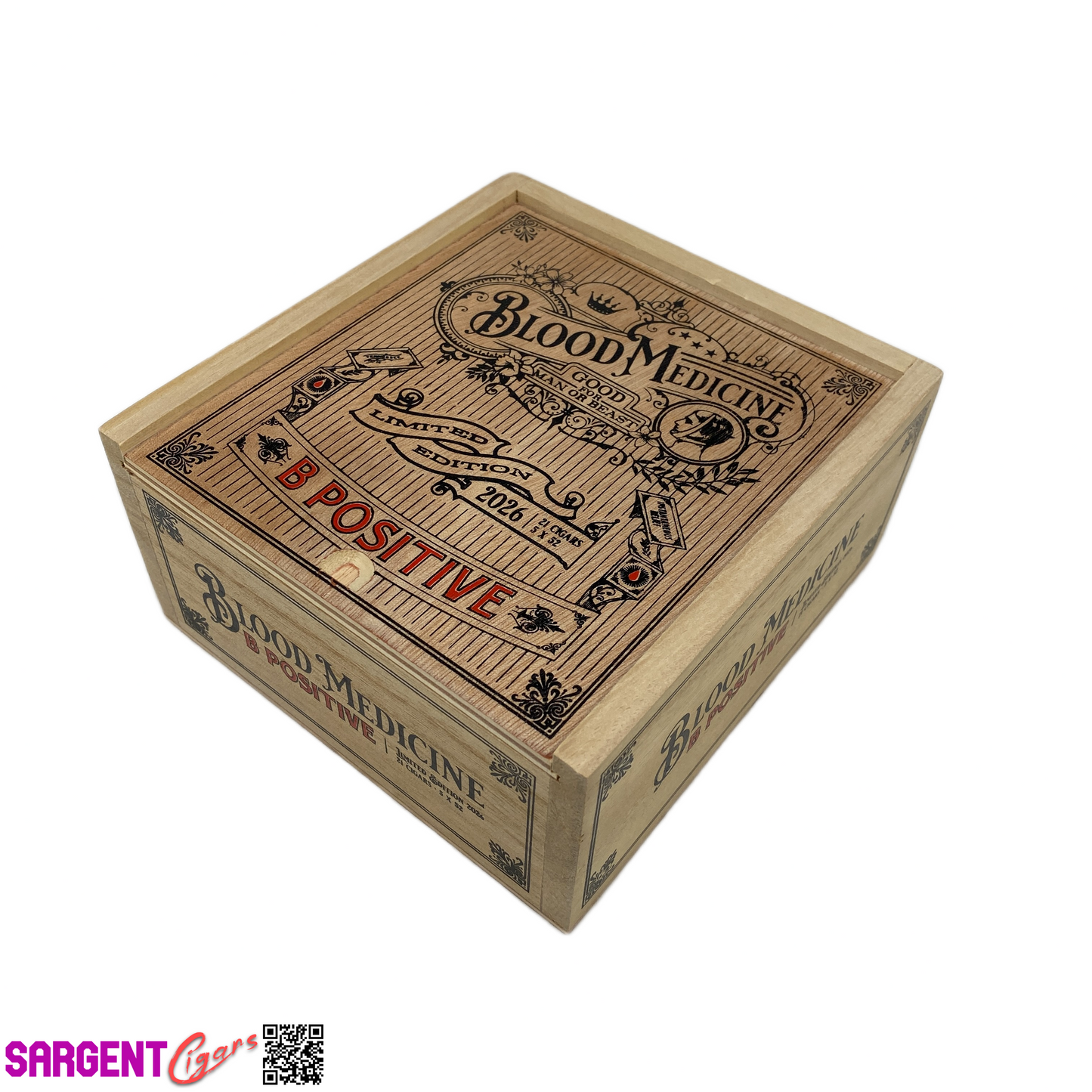 Crowned Heads Blood Medicine B Positive 52 2026 Empty Wooden Cigar Box 6x6.5x3
