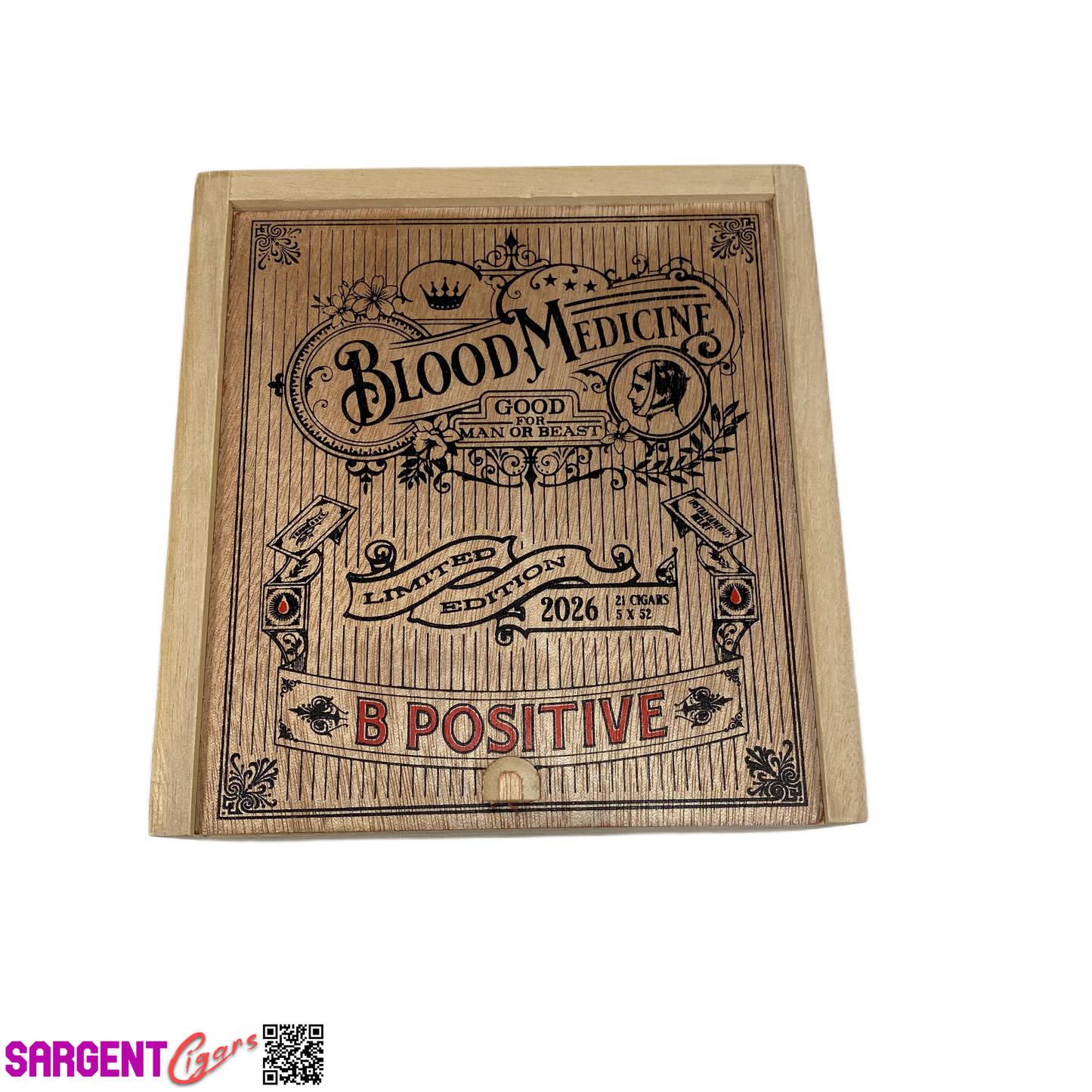 Crowned Heads Blood Medicine B Positive 52 2026 Empty Wooden Cigar Box 6x6.5x3