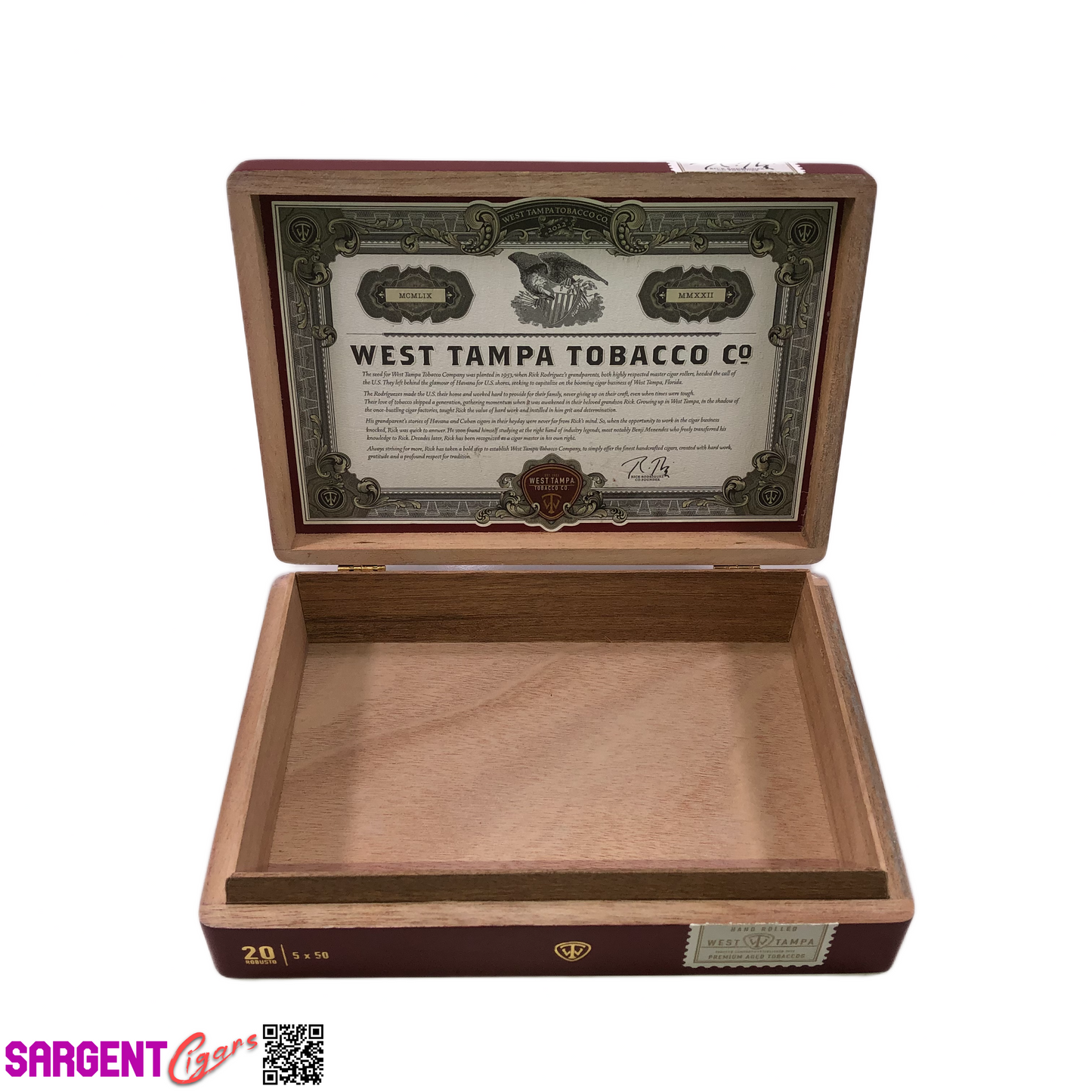 West Tampa Red Robusto Empty Wooden Cigar Box 8.75x6x2