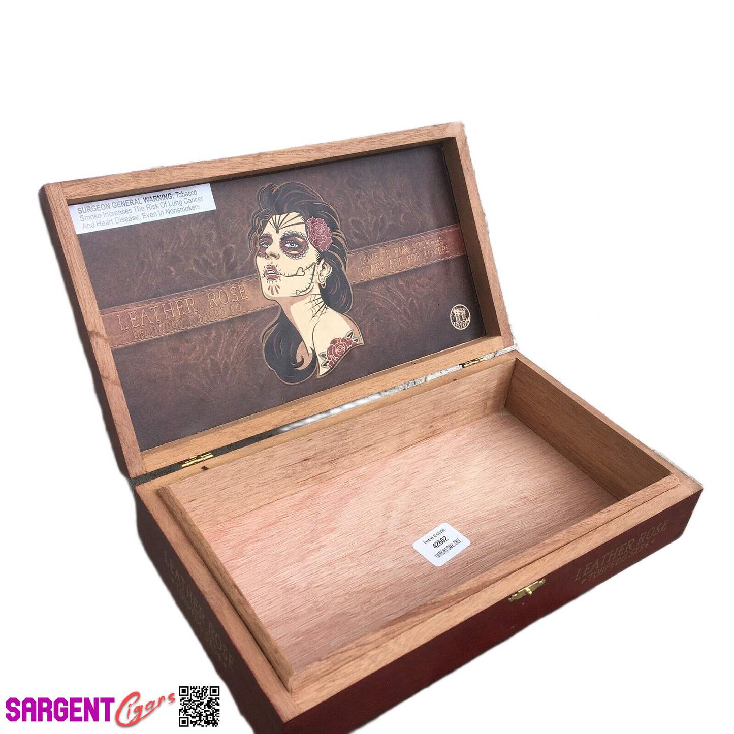Deadwood Leather Rose Empty Wooden Cigar Box 11x6x2.5