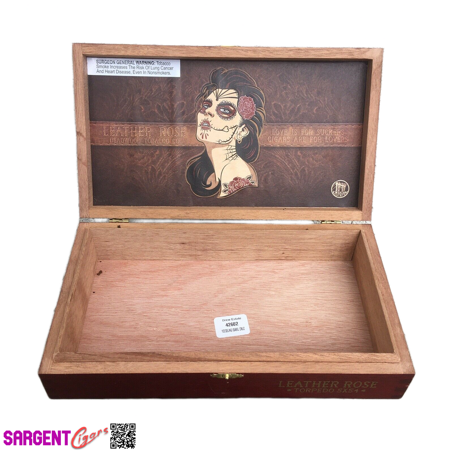 Deadwood Leather Rose Empty Wooden Cigar Box 11x6x2.5