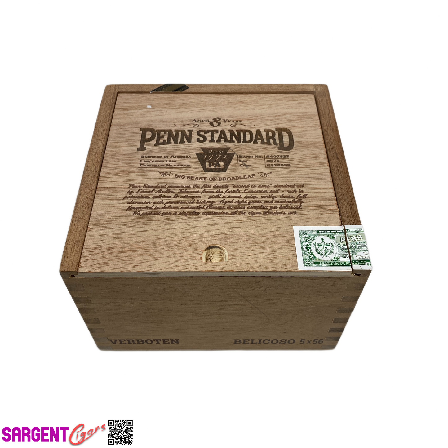 Penn Standard Verboten Belicoso Empty Wooden Cigar Box 6x6x4