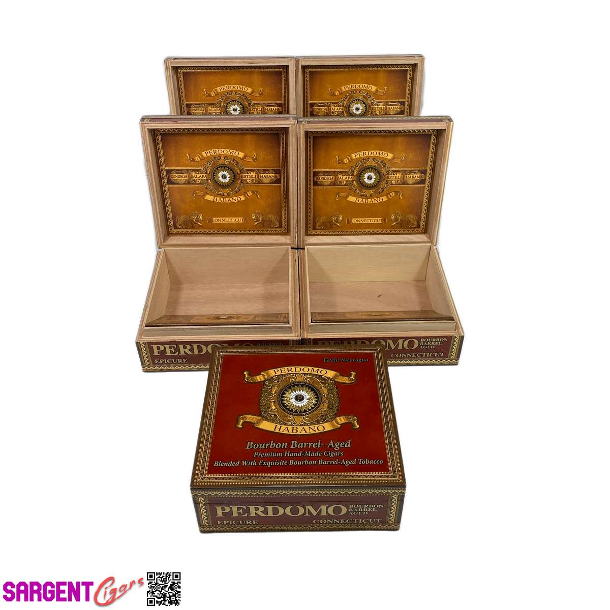 Lot of 5 Perdomo BBA Conn Epicure Empty Wooden Cigar Boxes 7.75x7x3 #23